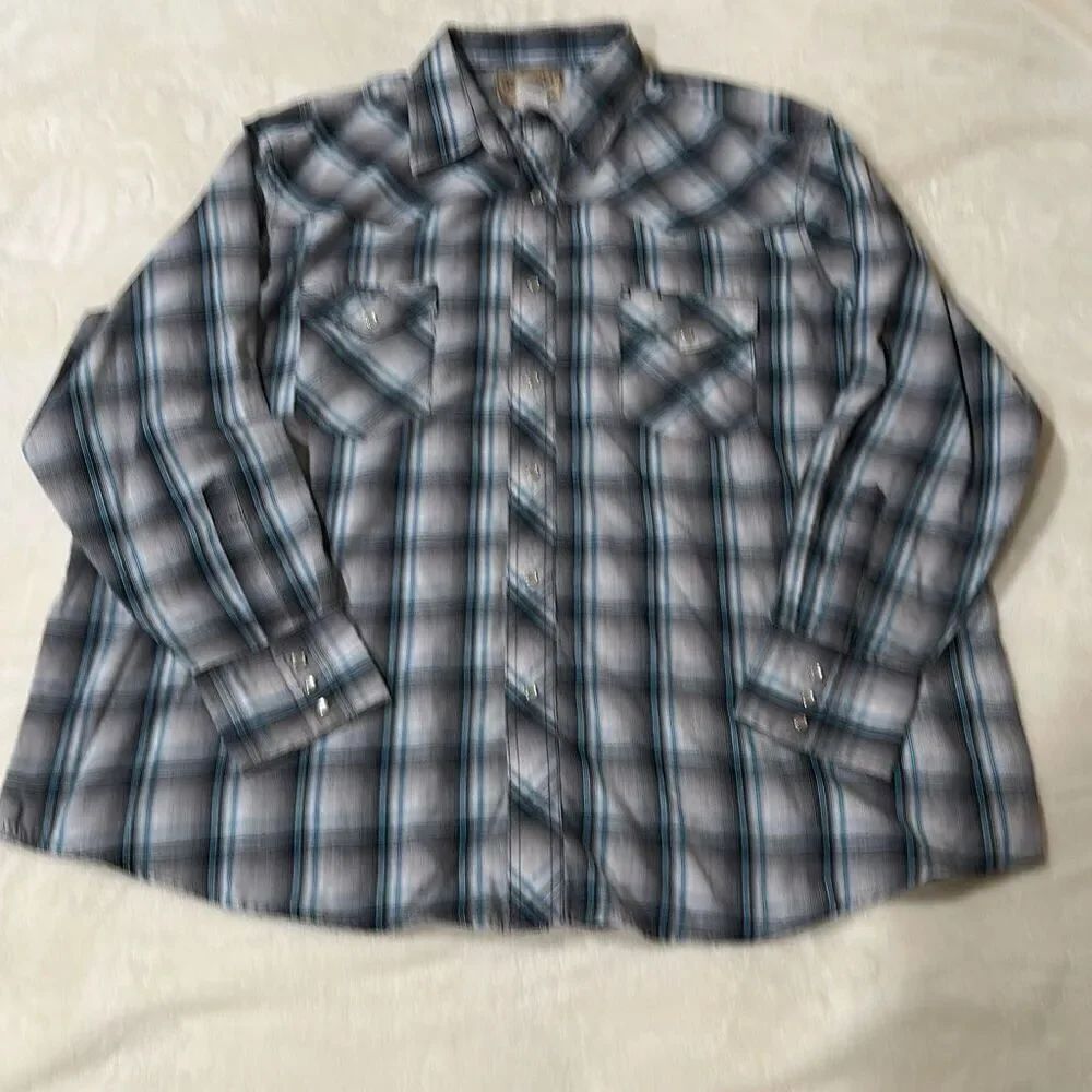 Wrangler 2XL black gray turquoise plaid pearl snap western shirt